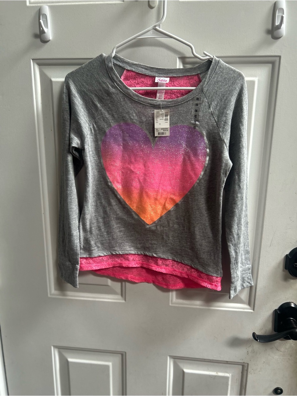 Justice kids Gray Long Sleeve Top w/ Glittery Pink, Purple & Orange Heart Ombré